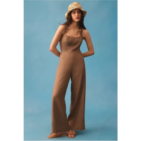 Reformation Autumn Linen Jumpsuit in Mushroom Brown, Wide Leg NEW - Picture 1 of 9